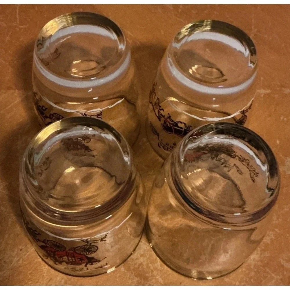 Vintage‎ 1950s Libbey Stagecoach & Horses Low Ball Glasses, Set Of 4, Gold Rim